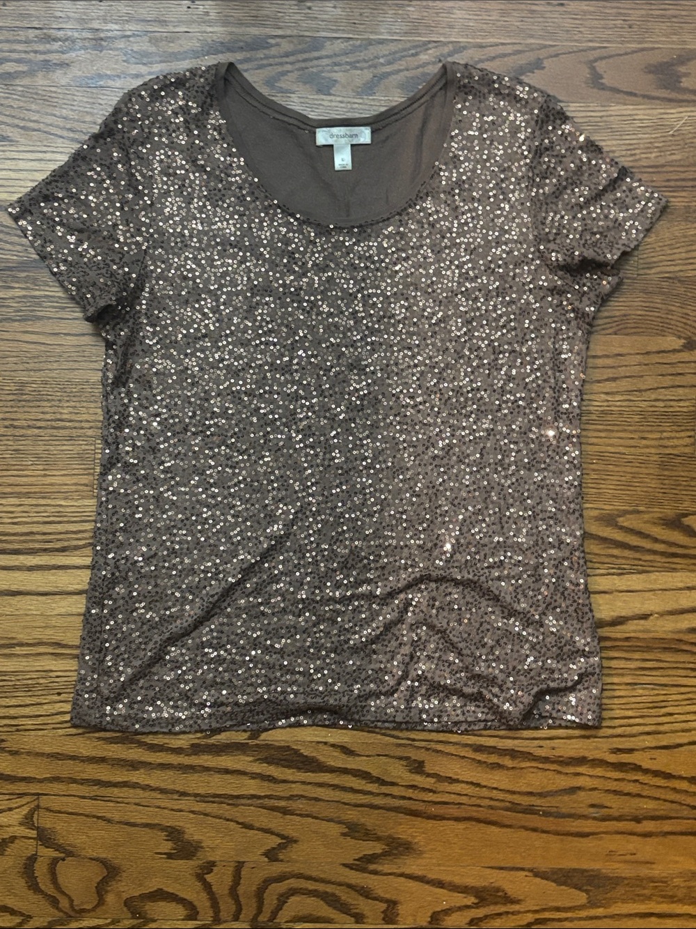 Dress Barn Brown Sequin Short Sleeve Scoop Neck Top